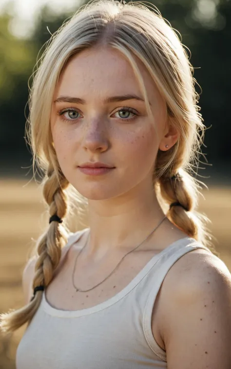 cinematic film still 21year old girl,solo,(pale skin:1.3),blonde hair,long hair,freckles,dusty background,sunny day,outdoor background,looking shyly at viewer,pigtails,Ultra-HD-details,true to life,HDR image,High detail resolution,soft eyes,natural skin,high detailed face,high detailed cloth,film photography,vintage,cinematic lighting,realistic,sharp focus,(very detailed),((4K HQ)),depth of field,f/1.2,Leica,8K HDR,High contrast,shadows,bokeh,(detailed and realistic skin texture),(detailed clothing),(detailed background),detailed skin,(highly detailed skin),(8K HDR photo),realistic texture,realistic shadows,accurate to life,living image,lifelike,Ultra-HD-details,vivid contrast,vivid colors,white tank top,<lora:add-detail-xl:1>,<lora:epiCPhoto:1>,ziprealism, Full Body Photograph,Full Body Portrait, Full Body Visible, From a Distance, . shallow depth of field, vignette, highly detailed, high budget, bokeh, cinemascope, moody, epic, gorgeous, film grain, grainy