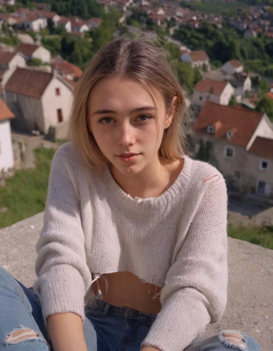 Digital photography, medium body shot, shot from above, 22 year old woman, highly detailed face, fine skin detail, flirting with viewer, BREAK wearing (crop sweater) BREAK and (ripped jeans), BREAK with panoramic view of a romantic village in the heat of summer, hyperdetailed, 4K, shot on Canon EOS R10