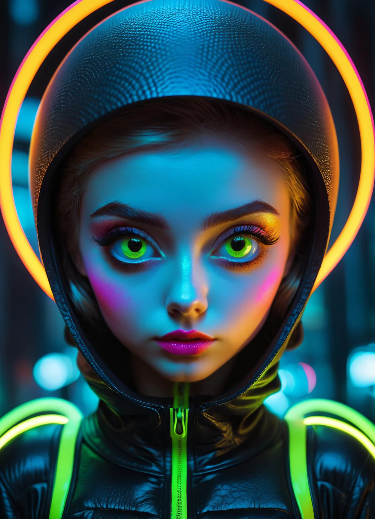 cinematic photo Ombre color scheme of neon green, neon yellow, neon blue, neon pink, neon orange, (in style of RAYMOND LOEWY:1.4) young big eyed (alien girl:1.2), in the style of textured illustrations, dark gray and bronze, online sculpture, naoto hattori, jeremy lipking, dark sky-blue and orange <lora:Niji_glitch__neon_aesthetic:0.8> neon glitch <lora:GigerRainbowXL:0.49> g1h3r <lora:MJ52:0.7> <lora:ral-hnycmb:0.44> ral-hnycmb <lora:Retro_Ink_SDXL:0.38> retro ink <lora:Epic_Surreal:0.5> , subsurface scattering, Photorealistic, Hyperrealistic, analog style, realistic, film photography, soft lighting, heavy shadow, 35mm photograph, film, bokeh, professional, 4k, highly detailed