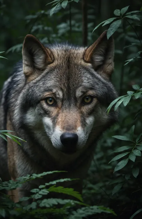 nature shot with wide shot of a dark jungle scene,face of a timber-wolf hiding between the bushes,hunting,nightfall,dimmly lit,intense gaze,tension,perfect composition,masterpiece,best quality,<lora:add-detail-xl:1.5>,ziprealism. Outdoors,greenery,natural light,fresh,<lora:add-detail-xl:1.5>,vivid contrast,vivid color, Hyperrealistic art cinematic film still photography in the style of detailed hyperrealism photoshoot