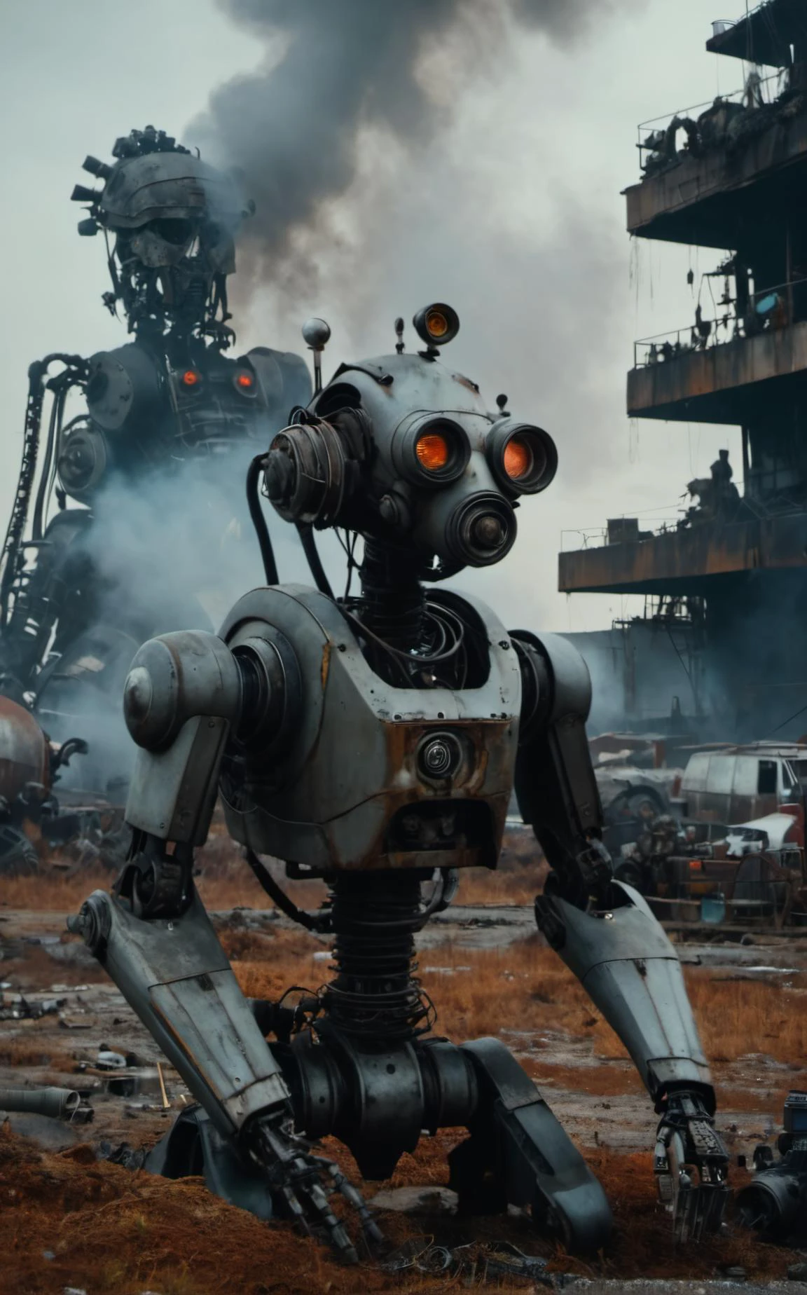 cinematic film still asymmetrical,rot,rust,decay,mold,mildew,weeds,smog,fog,haze,clouds,a futuristic scrap yard,massive dismembered mechanized heads,broken robots,dismembered cyborgs,broken mechanoids,piles of robotic parts and pieces,frayed wires,sparks,oil spills,oil splatters,black smoke,gray smoke,fires,clutter,debris,from a distance,wide shot,junk pile,Hyperrealistic art cinematic film still photography in the style of detailed hyperrealism photoshoot,Ultra-HD-details . shallow depth of field, vignette, highly detailed, high budget, bokeh, cinemascope, moody, epic, gorgeous, film grain, grainy