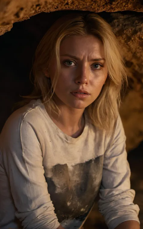 photograph of a woman,(troubled facial expression:1.1),textured skin,goosebumps,(blonde hair:1.2),weathered tshirt,distressed boyfriend jeans,long sleeves,(candlelight,chiaroscuro:1.1),cowboy shot,dark and mysterious cave with unique rock formations and hidden wonders,perfect eyes,Porta 160 color,shot on ARRI ALEXA 65,bokeh,sharp focus on subject,shot by Don McCullin, style by Dan Winters,RAW photography,film grain,(indistinguishable from reality:1.4),photo taken with a Bolex H16, Hyperrealistic art cinematic film still photography in the style of detailed hyperrealism photoshoot