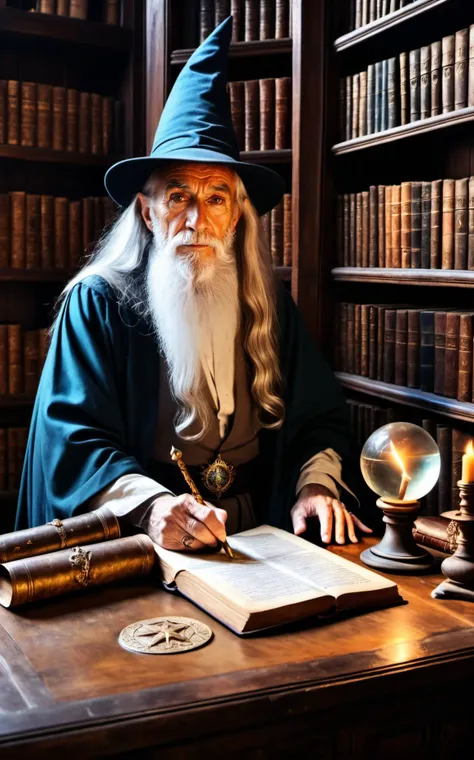 a 120 year old wizard sits in an ancient library,arcane scrolls,magical books,wands,staffs,magical trinkets,ancient artifacts,shelves,crystal ball,portals,magical energy,potions, Hyperrealistic art cinematic film still photography in the style of detailed hyperrealism photoshoot
