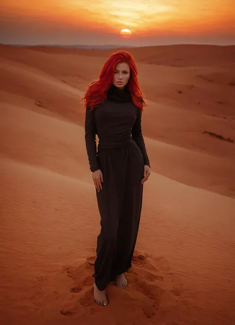 27. In a desolate desert landscape at twilight, a woman with tawny skin and fiery red hair stands stoically amidst the sand dunes as the setting sun paints the sky in brilliant oranges and pinks. Her form silhouetted against the dying light, she embodies an otherworldly beauty in this barren environment. <lora:b_e_a_u_t_i_f_i_e_r_-XL-:1>