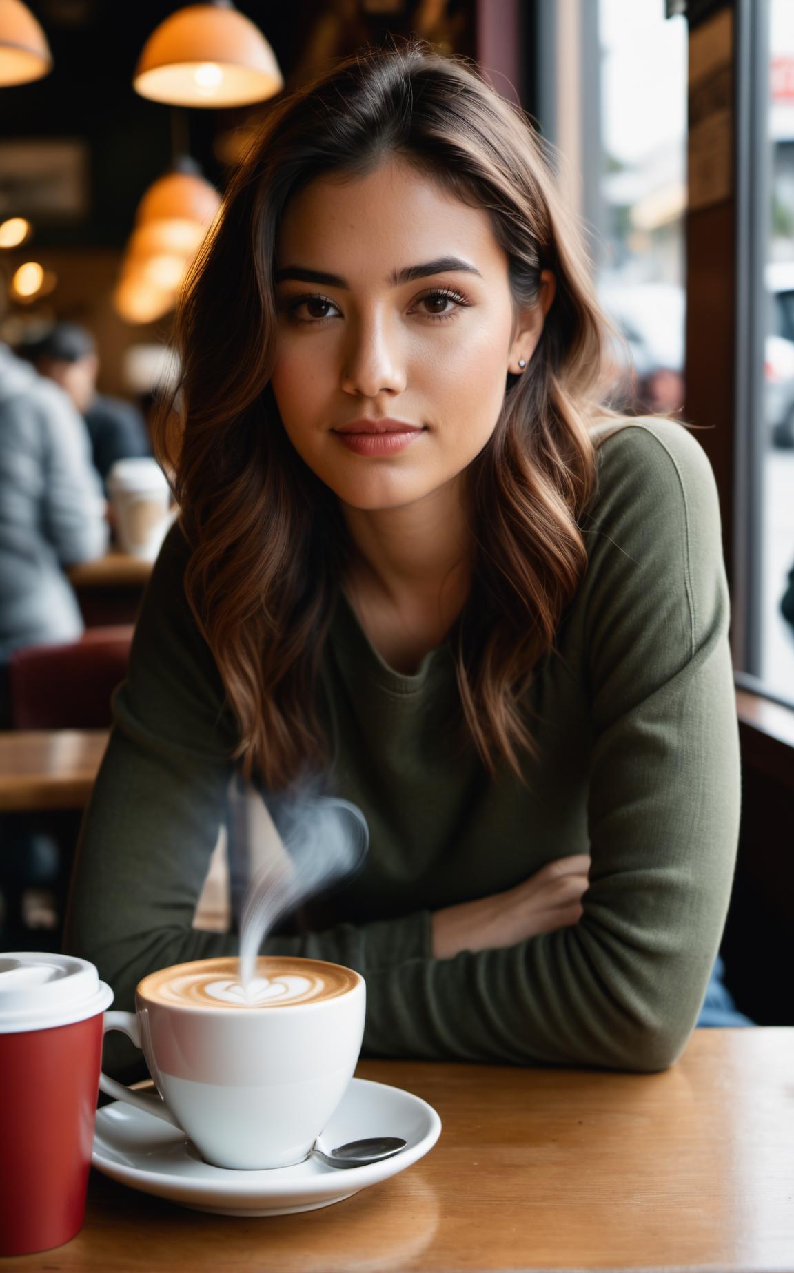 Arafed woman sitting at a table with a cup of coffee - SeaArt AI