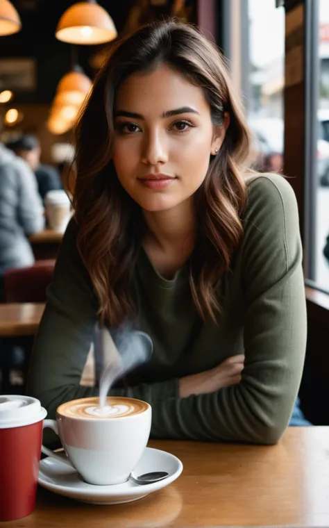 a 23 year old girl sits in a quiet coffee shop in San Fransisco,steaming cup of hot coffee on her table,serene,relaxed,casual, Hyperrealistic art cinematic film still photography in the style of detailed hyperrealism photoshoot