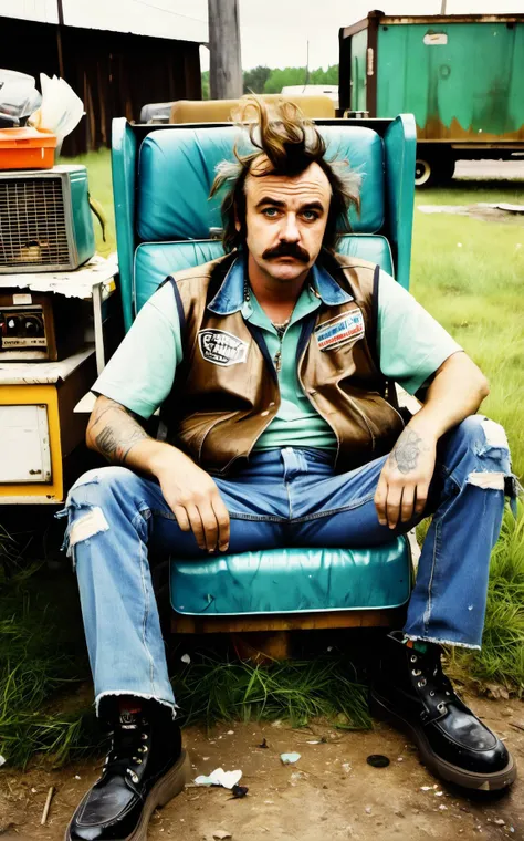 Grunge style a 1970's sitcom about a garbage man who lives in run down trailerpark on the edge of town,scene where he sits in an old lazy boy chair on his lawn . Textured, distressed, vintage, edgy, punk rock vibe, dirty, noisy