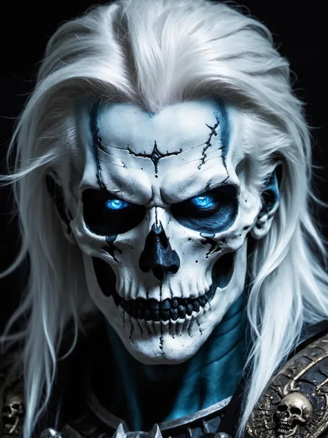 Horror-themed ancient undead warrior,male,shaggy white hair,skull like features,decomposed,glowing blue eyes,close up on face, . Eerie, unsettling, dark, spooky, suspenseful, grim, highly detailed