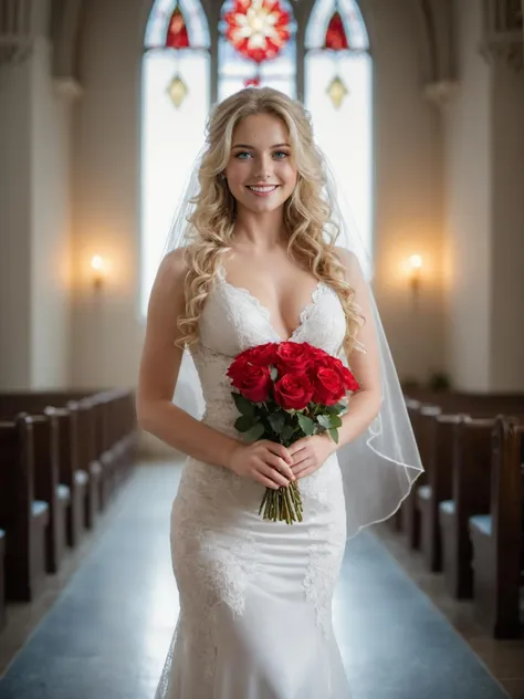 awe inspiring full body photography of a pretty seductive woman,25 years old,white bridal gown,cleavage visible,white lace veil,smile,upper body photo portrait,dynamic lighting,long blond hair,loose curls in hair,hair pulled to one side,pale blue eyes,holding a bouquet of roses,from a distance,bokeh,red flower in hair,style by Dan Winters,bold colors,sunlight,freckles,intricate textures,thorough in every detail,inside a lavish cathedral with stained glass floor to ceiling windows,volumetric lighting