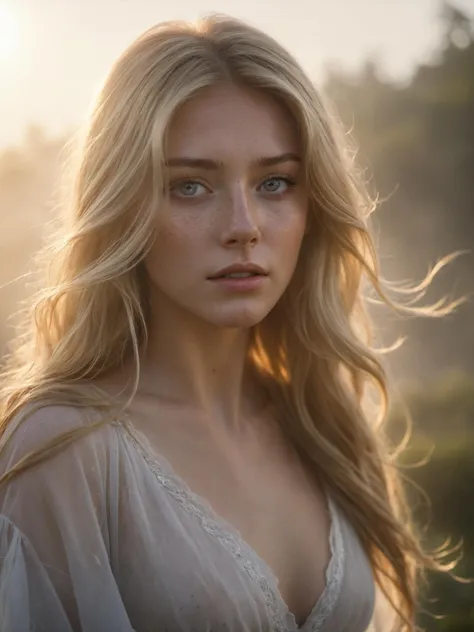 breathtaking,glowing,robe,(fog,:1.4) (mist:1.4),1girl,beautiful,long hair,perfect eyes,solo,(photorealistic:1.4),cowboy shot,cinematic angle,motion blur,Long hair fluttering in the wind,long,wave,blonde hair,freckles,Thorough,analog style,female focus,highest quality,(highly detailed skin),perfect face,skin pores,(bokeh:0.6),sharp focus,dappled lighting,(backlighting:0.7),film grain,photographed on a Sony A7R IV,18mm F/1.7 cine lens,(highly detailed, intricately detailed),8k,HDR,front view,(full body visible:1.2) . award-winning,professional,highly detailed,golden hour,