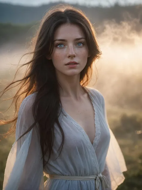 breathtaking,glowing,robe,(fog,:1.4) (mist:1.4),1girl,beautiful,long hair,perfect blue eyes,solo,(photorealistic:1.4),cowboy shot,cinematic angle,motion blur,Long hair fluttering in the wind,long,wave,black hair,freckles,Thorough,analog style,female focus,highest quality,(highly detailed skin),perfect face,skin pores,(bokeh:0.6),sharp focus,dappled lighting,(backlighting:0.7),film grain,photographed on a Sony A7R IV,18mm F/1.7 cine lens,(highly detailed, intricately detailed),8k,HDR,front view,(full body visible:1.2) . award-winning,professional,highly detailed,golden hour,