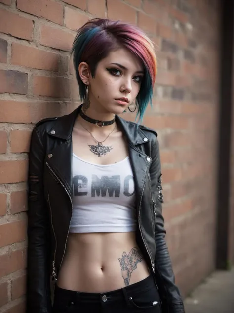 thin 22 year old emo girl,multicolored hair,emo hairdo,choker collar,ripped denim jeans,tube top,natural leather jacket,leaning backwards against a brick wall,intricate details,dramatic light,RAW photography,film grain,casual photo,dynamic angle,candid pose,cleavage,intricate body tattoos,gothic earrings,emo makeup,tattoos on hips,abs, detailed skin texture, (blush:0.2), (goosebumps:0.3), subsurface scattering