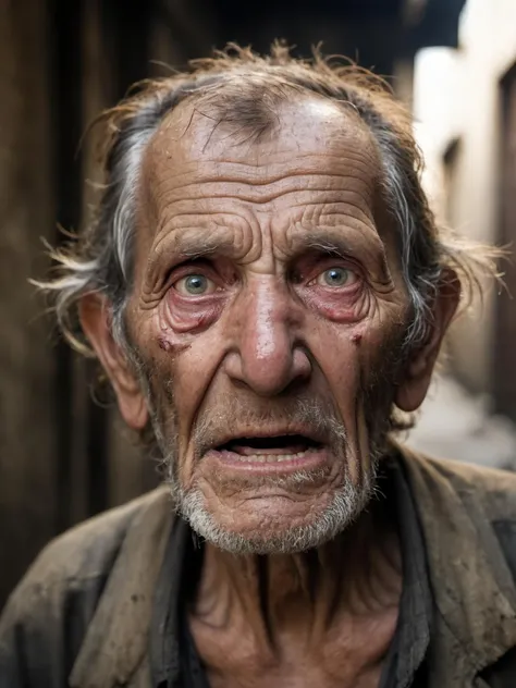 portrait of very old,(150 years old),poor,homeless,tired,man,toothless,open mouth,(intense stare:1.3),in a dirty alley,(headshot:1.2),(face focus:1.1),(facing the camera:1.2),head in the center,slight smile but sad,(facing straightforward:1.2),(forward facing:1.1),face,Head,Head focus,Head tilted down,bokeh,f1.4,40mm,photorealistic,raw,8k,skin pores,dried-up,textured skin,intricate details,dramatic light,award winning,style by Dan Winters,RAW photography,film grain,(indistinguishable from reality:1.4),photo taken with a Bolex H16,
