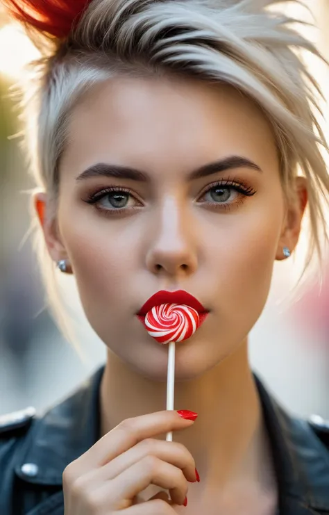 concept art 21 year old European supermodel,punk hair do,holding a small red lollipop in front of her chin,artsy,bokeh,f1.4,40mm,photorealistic,raw,8k,skin pores,fashion magazine cover shot,, Thorough,analog style,eye focus,highest quality,(highly detailed skin),perfect face,skin pores,(bokeh:0.6),sharp focus,dappled lighting,(backlighting:0.7),film grain,photographed on a Sony A7R IV,18mm F/1.7 cine lens,(highly detailed, intricately detailed),8k,HDR,front view,(upper body:0.9) . digital artwork, illustrative, painterly, matte painting, highly detailed