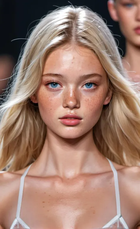 HDR,CG,sharp focus,(8k),(4k),(Masterpiece),(Best Quality),petite 22 year old supermodel on the runway,Victoria's Secret fashion show,angel,blonde,freckles,