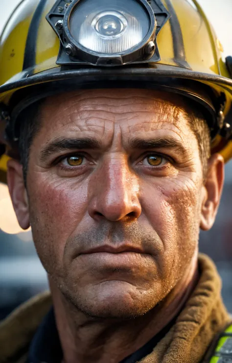 new york firefighter,42 year old man,bokeh,f1.4,40mm,photorealistic,raw,8k,skin pores,dried-up,textured skin,intricate details,dramatic light,award winning,style by Dan Winters,RAW photography,film grain,(indistinguishable from reality:1.4),photo taken with a Bolex H16,hazel eyes,large man,muscular,striking features,character,thorough,