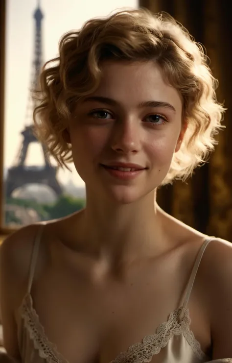 cinematic film still cinematic film still (realistic:1.3),finely detailed,quality,rembrandt lighting,(masterpiece:1.2),(photorealistic:1.2),(best quality),(detailed skin:1.3),(intricate details),dramatic,ray tracing,1girl,french girl,21 years old,detailed skin texture,(blush:0.5),(goosebumps:0.5),subsurface scattering,smiling,medium breasts,short hair curls,blonde hair,bangs,hair between eyes,silk camisole,silk shorts,lace trim,midriff,navel,cowboy shot,(bright sunny day, indoors, luxurious 5-star parisian hotel bedroom, bed, window, view of eiffel tower) . shallow depth of field,vignette,highly detailed,high budget,bokeh,cinemascope,moody,epic,gorgeous,film grain,grainy, . shallow depth of field, vignette, highly detailed, high budget, bokeh, cinemascope, moody, epic, gorgeous, film grain, grainy