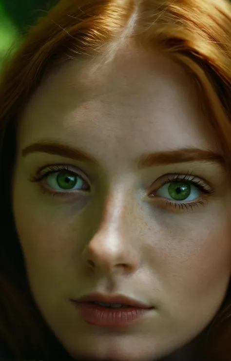 cinematic film still irish ginger,green eyes,girl,age22,a captivating young woman looks flirtatiously at me,my pov,35mm,32K,thorough,, Thorough,analog style,eye focus,highest quality,(highly detailed skin),perfect face,skin pores,(bokeh:0.6),sharp focus,dappled lighting,(backlighting:0.7),film grain,photographed on a Sony A7R IV,18mm F/1.7 cine lens,(highly detailed, intricately detailed),8k,HDR,front view,(upper body:0.9) . shallow depth of field, vignette, highly detailed, high budget, bokeh, cinemascope, moody, epic, gorgeous, film grain, grainy