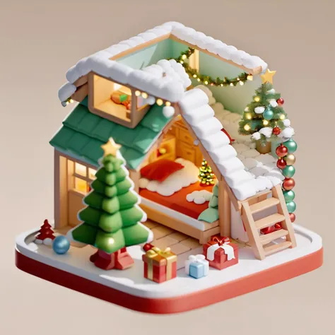 xiaofangzi,isometric,blender, 3d,chibi,toy, (((bedroom)))), christmas, christmas, christmas tree, winter, snow, blur, good light and shadow, ultra details