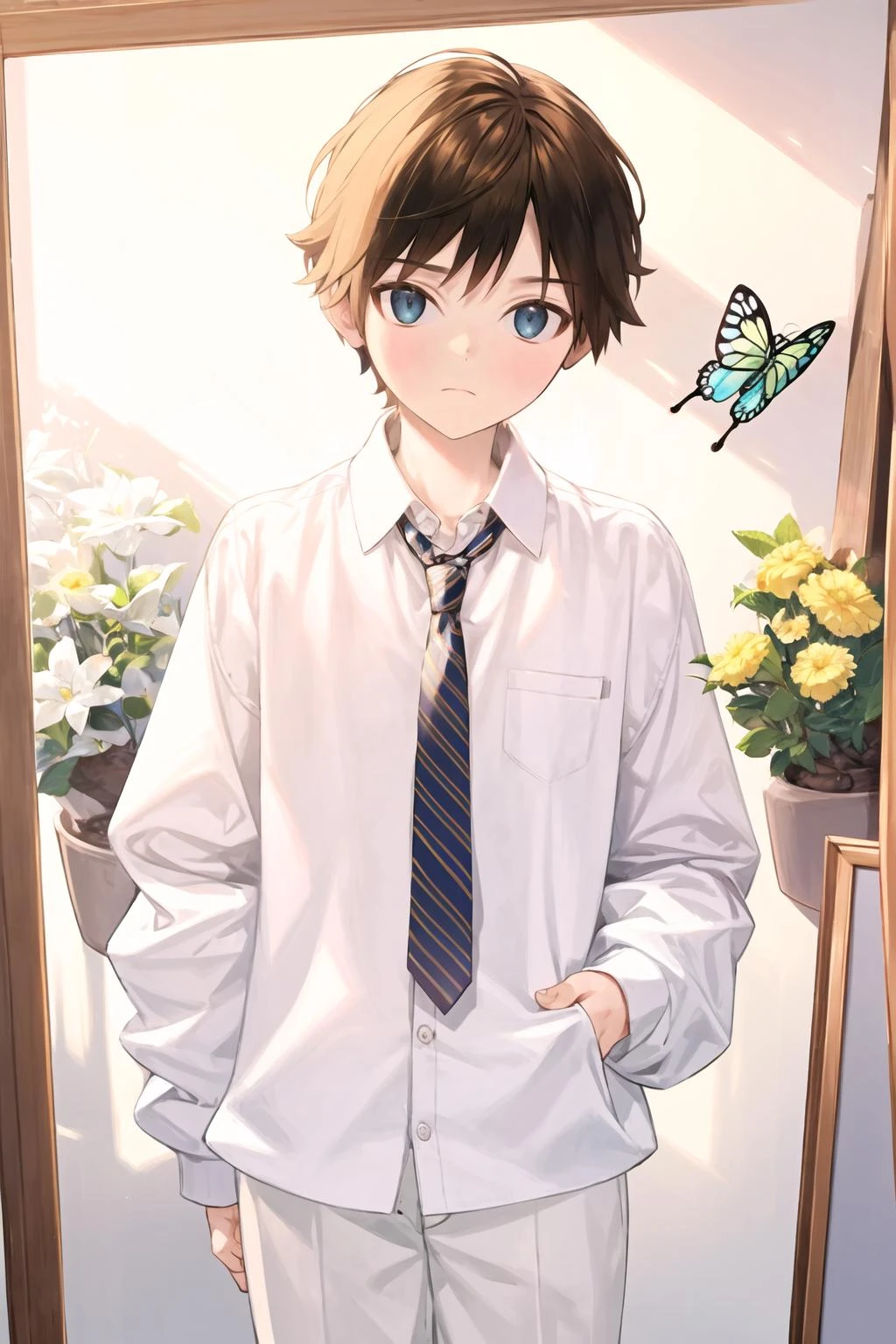 <lora:naoko:1>1boy, male focus, bug, necktie, shirt, solo, butterfly, short hair, collared shirt, long sleeves, looking at viewer, white shirt, cowboy shot, bangs, pants, picture frame, closed mouth