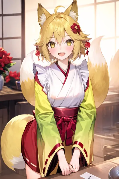 <lora:naoko:1>1girl, animal ears, tail, japanese clothes, fox ears, hair ornament, fox tail, animal ear fluff, smile, open mouth, flower, hair flower, 1boy, fox girl, blonde hair, miko, :d, short hair, ribbon trim, blush, hair between eyes, yellow eyes, wide sleeves, apron, looking at viewer, ribbon-trimmed sleeves, blurry, kimono, bangs, brown eyes, long sleeves, solo focus, blurry background, indoors, red flower