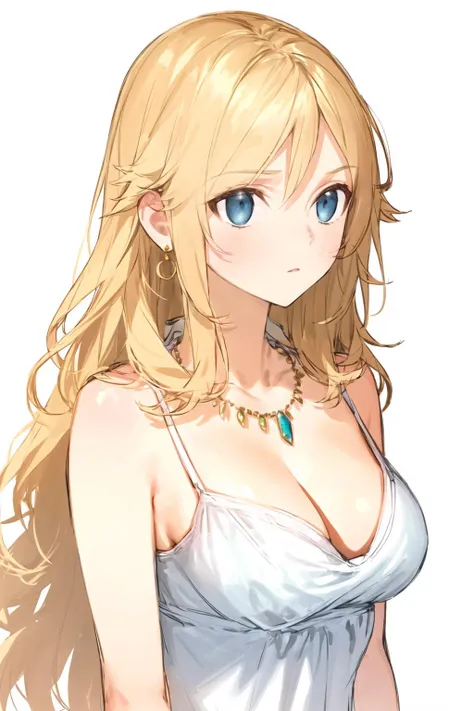 <lora:naoko:1>1girl, solo, breasts, dress, necklace, jewelry, cleavage, sketch, blue eyes, long hair, hair ornament, white background, upper body, brown hair, white dress, looking to the side, simple background