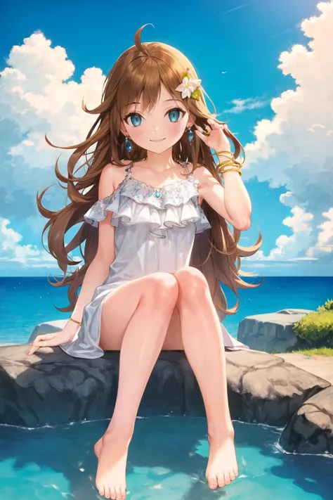 <lora:naoko:1>1girl, dress, rock, sitting, solo, sky, flower, water, barefoot, jewelry, smile, cloud, ocean, long hair, hair ornament, brown hair, blue sky