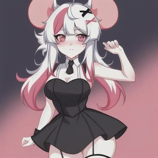 mousey_vk, 1girl,animal_ears, bare_shoulders, blush, hair_ornament, hairclip, white_hair, white thighhighs, <lora:Mousey:0.75>, masterpiece, perfect quality, black underewar