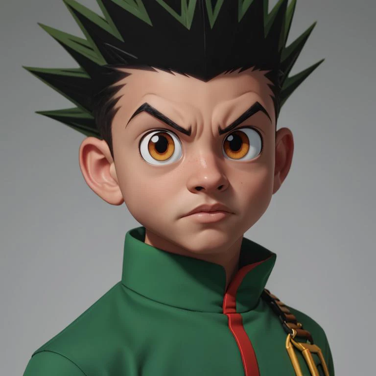 <lora:gon_freecss:.7> half body shot, young gon_freecss, balenciaga,  masterpiece, best quality, high quality, 1boy, solo, looking at viewer, green hair, spiked hair, yellow eyes, brown eyes, serious <lora:balenciaga:.5>