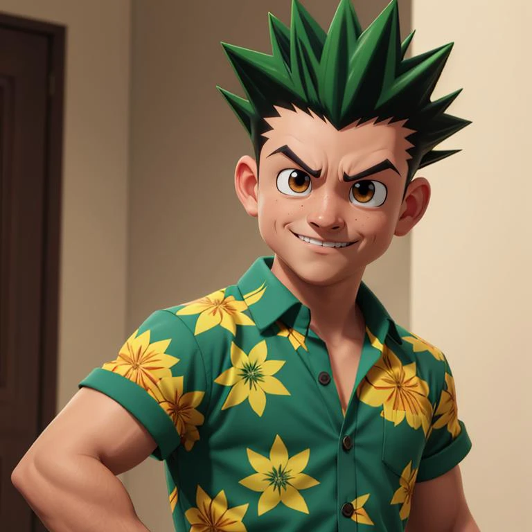<lora:gon_freecss:.7>, gon_freecss, green floral Hawaiian shirt, masterpiece, best quality, high quality, 1boy, solo, looking at viewer, green hair, spiked hair, yellow eyes, brown eyes, smirk