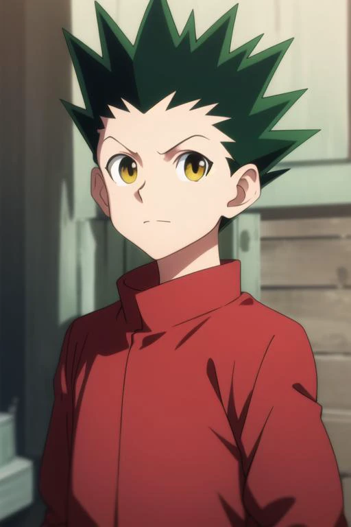 masterpiece, best quality, high quality, 1boy, solo, male focus, looking at viewer, upper body, <lora:gon_freecss:0.84>, gon_freecss, green hair, spiked hair, yellow eyes, <lora:Realism-10:0.20>, Realism