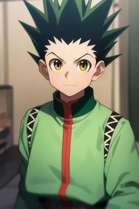 masterpiece, best quality, high quality, 1boy, solo, male focus, looking at viewer, upper body, <lora:gon_freecss:0.80>, gon_freecss, green hair, spiked hair, yellow eyes, <lora:Realism-10:0.15>, Realism