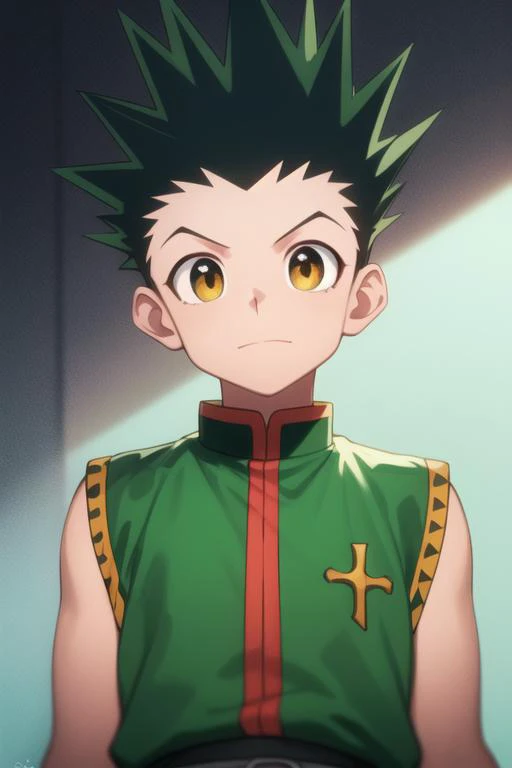 masterpiece, best quality, high quality, 1boy, solo, male focus, looking at viewer, upper body, <lora:gon_freecss:0.76>, gon_freecss, green hair, spiked hair, yellow eyes,