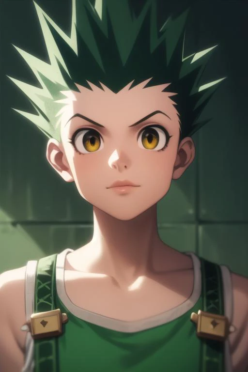 masterpiece, best quality, high quality, 1boy, solo, male focus, looking at viewer, upper body, <lora:gon_freecss:0.74>, gon_freecss, green hair, spiked hair, yellow eyes, <lora:Realism-10:0.20>, Realism