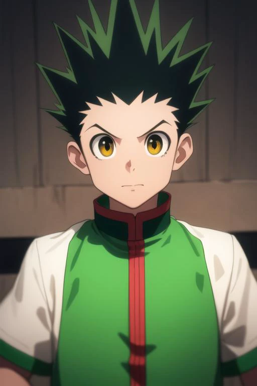 masterpiece, best quality, high quality, 1boy, solo, male focus, looking at viewer, upper body, <lora:gon_freecss:0.82>, gon_freecss, green hair, spiked hair, yellow eyes, <lora:Realism-10:0.15>, Realism