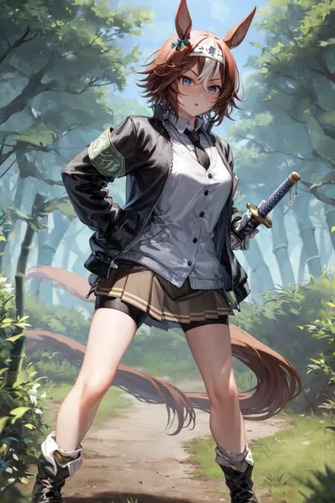 masterpiece, best quality, 
bamboo memory \(umamusume\), 
standing, full body, bamboo forest, hands on hip,
wooden sword, sheath wooden sword,
hachimaki, black necktie, white shirt, collared shirt, gray shirt, black jacket, white jacket, open jacket, armband, white gloves, long sleeves, pleated skirt, brown skirt, bike shorts under skirt, black shorts, miniskirt, white socks, boots, black footwear
 <lora:banboo_memory_loha:0.7>