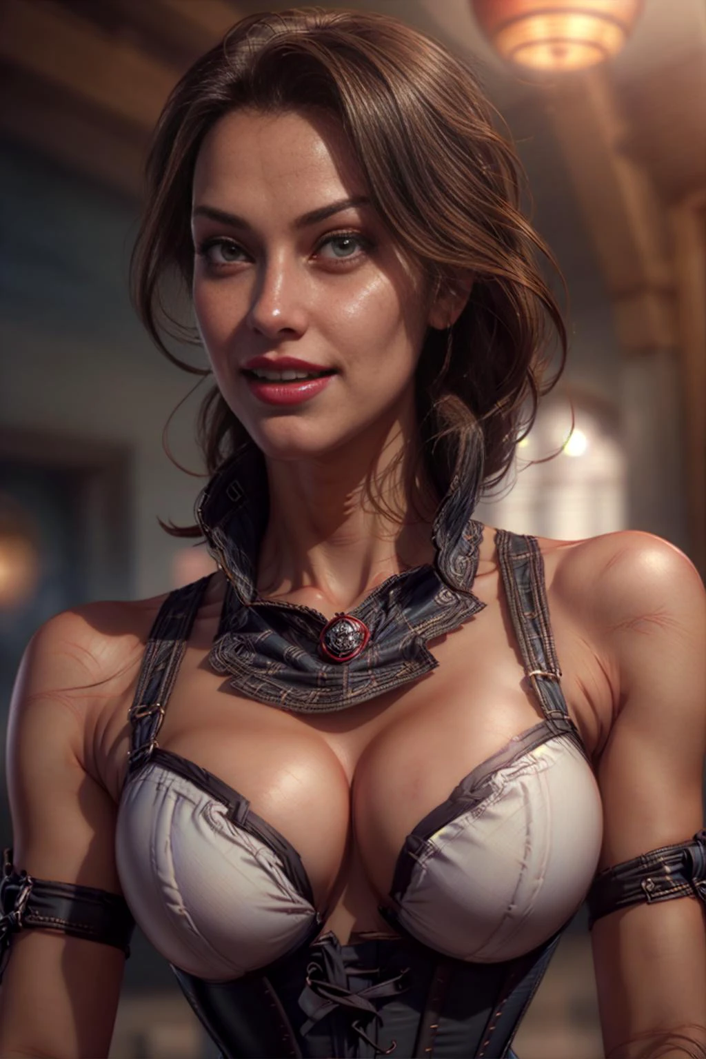 (masterpiece), perfect body Woman, (realistic:1.2), centered, dynamic, solo, corset, parted red lips, grin, cheeky look, illuminated face, realistic, volumetric lighting, highly detailed face, octane render, (best quality), (high quality), (highres), detail enhancement, most beautiful image in the world, portfolio piece, <lora:Amazing-Corsets-V1:1>,