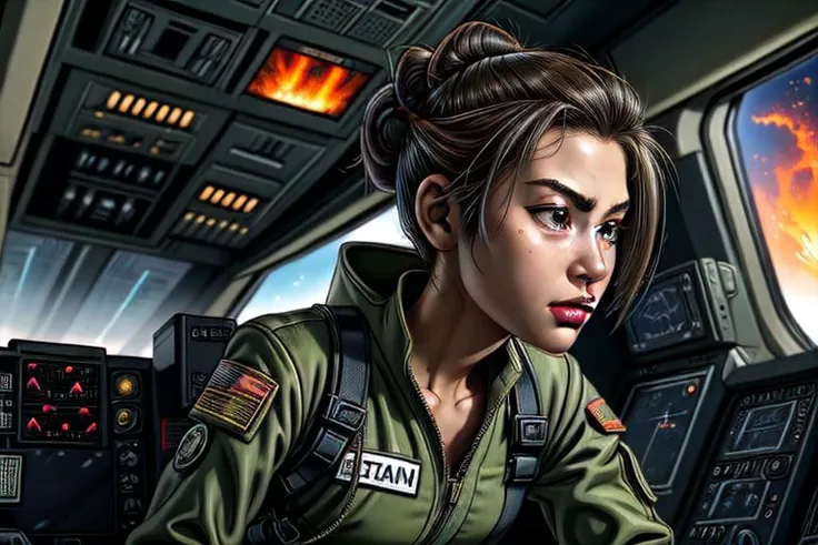 ASCII1girl, Asian, 20 years old, ultra detailed 4k, most beautiful girl, highly detailed face, samurai style, wearing a dark olive green flight suit, she is wearing a fighter pilot helmet, she is strapped in a pilot seat, she is struggling to pilot a small spaceship that is on fire and about to crash, she is yelling, she is straining, she looks angry, she is pulling back on the flight stick as hard as she can