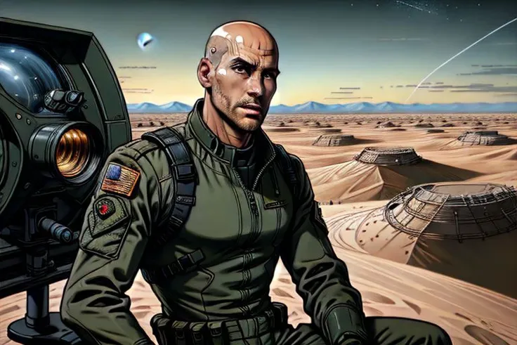 ASCIILeoboy, ultra detailed 4k, highly detailed face, bald Caucasian, 35 years old, a soldier wearing a dark olive green flight suit, he is sitting next to 2 large radar dishes, he is wearing a communications headset, he is looking through a telescope, he is looking at something in the sky, in a desert landscape