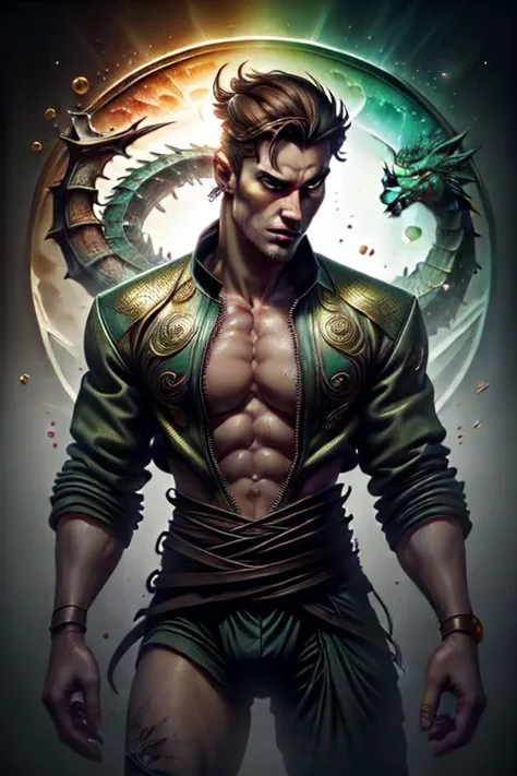 A warrior, a slender, tall man, a man who is able to control dragons, has special abilities and can use dragon cries. A fearless warrior with brown hair and dark green eyes. He is endowed with the strength and agility bestowed upon him by the ancient spirits of subspace. Garrett wears a jacket decorated with gold patterns and fastened with a zipper that emits a magical glow. extremely detailed complex beautiful fantastic view in high resolution lots of rainbow bubbles very attractive very cute