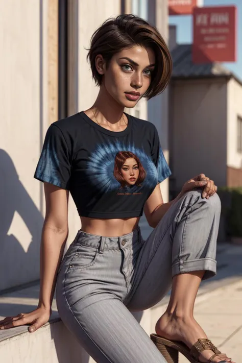 RAW photo, female r, Chiseled, South Asian, Chestnut eyes, Freckles, Grey Fringe haircut hair, Satisfaction wearing Wide-leg cropped pants, Embroidered Tie-dye t-shirt, Block heel sandals, , , Hands on the cheeks, suggesting awe or astonishment, Cinema 4D