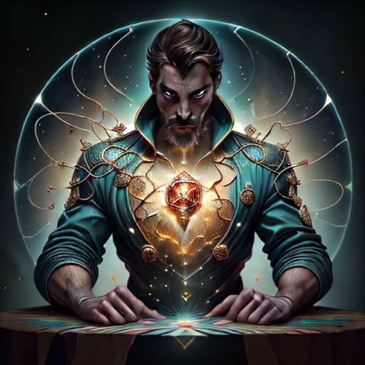 3D Stained glass effect, Surreal beautiful woman. Colorful. brilliant colors. 16K. coherent. crisp quality.extreme beauty. flawless painting. glow. imaginary. insanely intricate details. Luxury. multicolor. realistic texture. vibrant intricate. whimsical. Golden ratio 
Modifiers:The Magician's Tarot card in the style of Reiki:
In this drawing, the Wizard is depicted as a tall and slender guy with bright blue eyes emitting light. He is standing in front of a small table on which his creative tools are laid out. Opposite him is a book symbolizing his wisdom and knowledge. In his hand he holds a bundle of energy in the form of the cho-ku-rei symbol, personifying his ability to manipulate energy and create reality.The wizard is wearing a jacket decorated with reiki symbols, He stands on a thin line representing the boundary between the real and potential worlds. A few small sparks float around him, symbolizing his abilities and potential. 
extremely detailed intricate beautiful fantastic view high definition>8=, has special abilities and can use dragon cries. with brown hair and dark green eyes. He is endowed with the strength and agility bestowed upon him by the ancient spirits of subspace. decorated with golden patterns and that emits a magical glow. extremely detailed complex beautiful fantastic view in high resolution lots of rainbow bubbles very attractive very cute