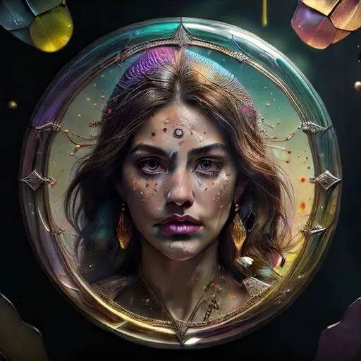 Prompt:  3D Stained glass effect, Surreal beautiful woman. Colorful. brilliant colors. 16K. coherent. crisp quality.extreme beauty. flawless painting. glow. imaginary. insanely intricate details. Luxury. multicolor. realistic texture. vibrant intricate. whimsical. Golden ratio 
Modifiers:
extremely detailed intricate beautiful fantastic view high definition>8=, has special abilities and can use dragon cries. with brown hair and dark green eyes. He is endowed with the strength and agility bestowed upon him by the ancient spirits of subspace. decorated with golden patterns and that emits a magical glow. extremely detailed complex beautiful fantastic view in high resolution lots of rainbow bubbles very attractive very cute