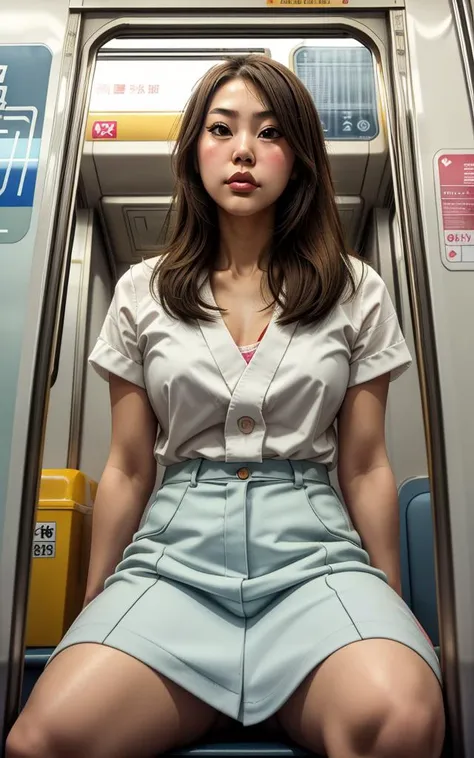 masterpiece, best quality, japanese girl sitting on a subway train, innocent, subway car door, from below