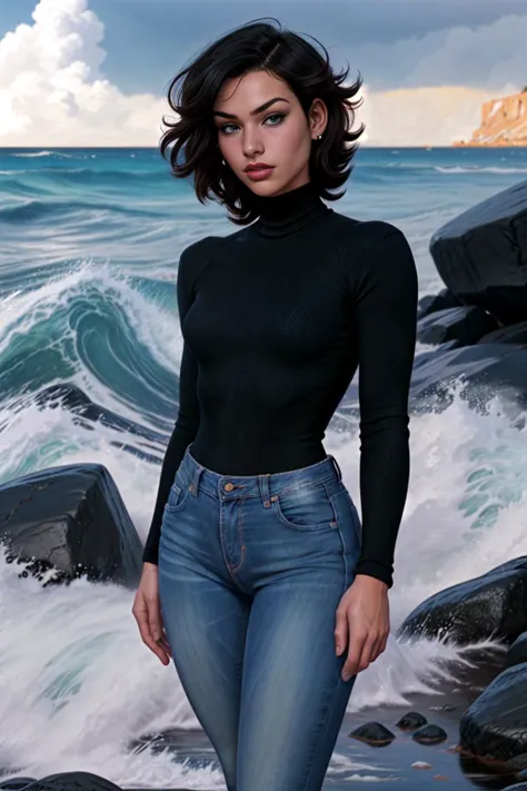 ((medium shot)), ((saturated colors)), young ((20-30 years old)), ((front view)), woman wearing blue jeans and black turtleneck, ((natural lighting)), standing on a rocky beach with waves crashing in the background,  <lora:opeLoRAv6.0:0.7>