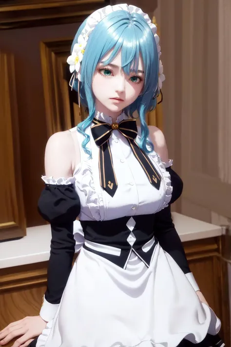 masterpiece, best quality, highres, 1girl blue hair green eyes hair ribbon hair flower, bare shoulders sleeveless shirt white shirt white apron black sleeves detached sleeves black bowtie frilled skirt thigh strap <lora:villhaze:1> photorealistic
