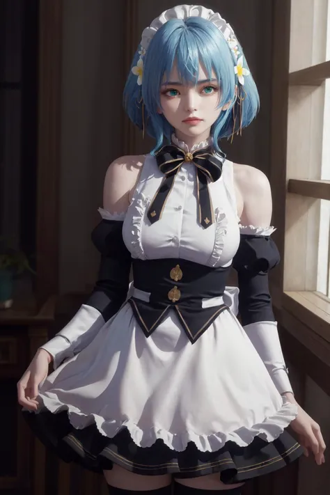 masterpiece, best quality, highres, 1girl blue hair green eyes hair ribbon hair flower, bare shoulders sleeveless shirt white shirt white apron black sleeves detached sleeves black bowtie frilled skirt thigh strap <lora:villhaze:1> photorealistic