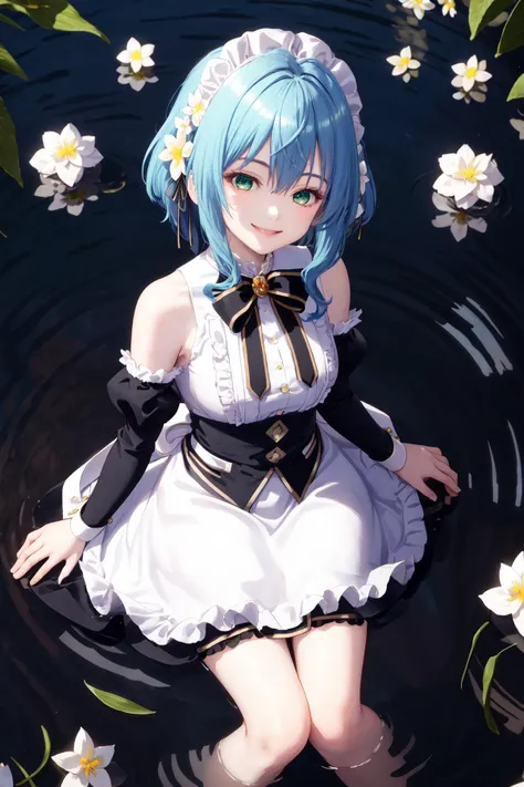 masterpiece, best quality, highres, 1girl blue hair green eyes hair ribbon hair flower, bare shoulders sleeveless shirt white shirt white apron black sleeves detached sleeves black bowtie frilled skirt thigh strap <lora:villhaze:1> sitting, wading, smile, from above, looking at viewer