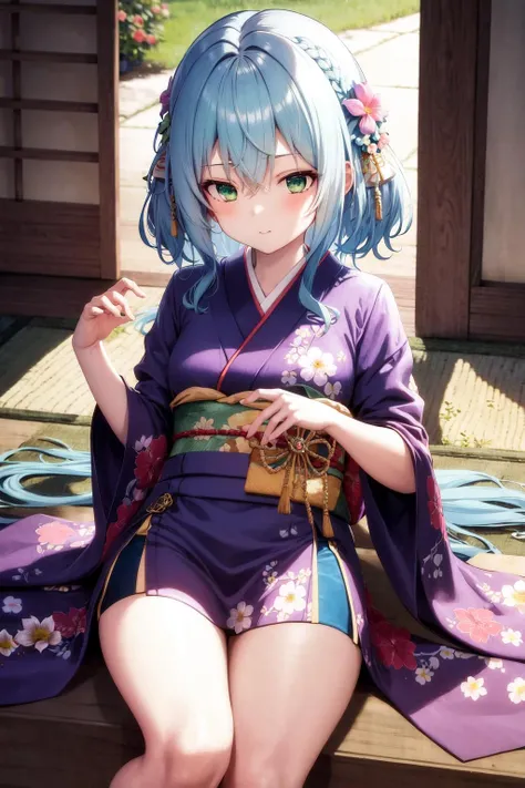 ((Masterpiece)), (Best Quality), Amelia Watson,amelia_kimono, blue kimono, yellow hakama, fish print, (NSFW: 1.5), full body, solo preparing