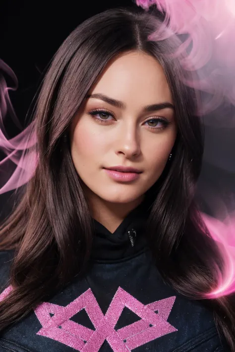 ((Black Theme, Black and Pink Backdrop)) (Close-Up Shot, Face Portrait:1.4) DV_Anabelle_Vicious (brunette:1.4) is wearing (Blue Jeans and a Black sweatshirt :1.3), by Christopher Nolan, 35mm, F/2.8, ((Photo Focus, DOF, Aperture, insanely detailed and intricate, character, hypermaximalist, elegant, ornate, beautiful, exotic, revealing, appealing, attractive, amative, hyper realistic, super detailed, heresy flares)) smiling at viewer (volumetric pink smoke:1.3) (pink lens flare:1.2)(sharpness:1.3)(details:1.3)